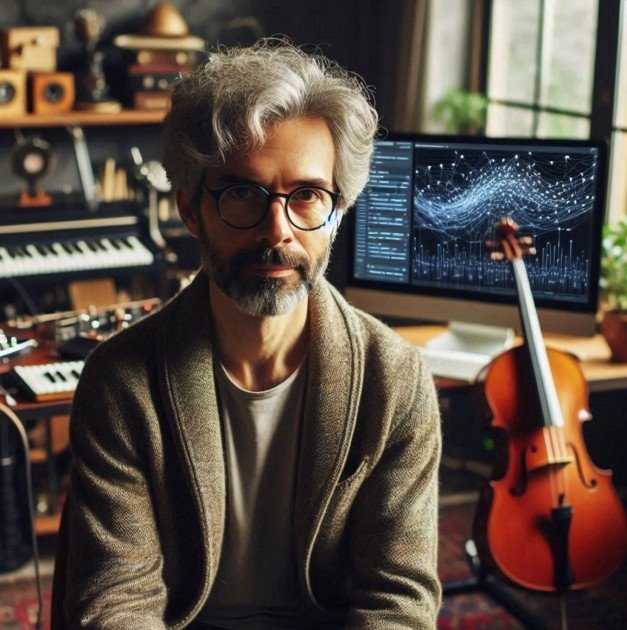 Persona artística da Banda TromBeto em estúdio com instrumentos e elementos tecnológicos